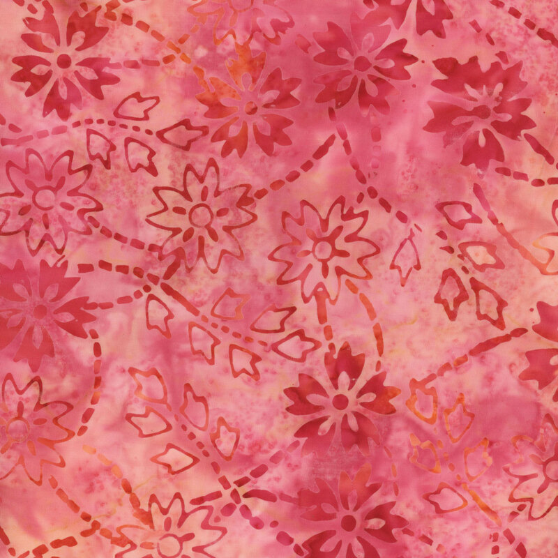 pink mottled batik fabric with florals