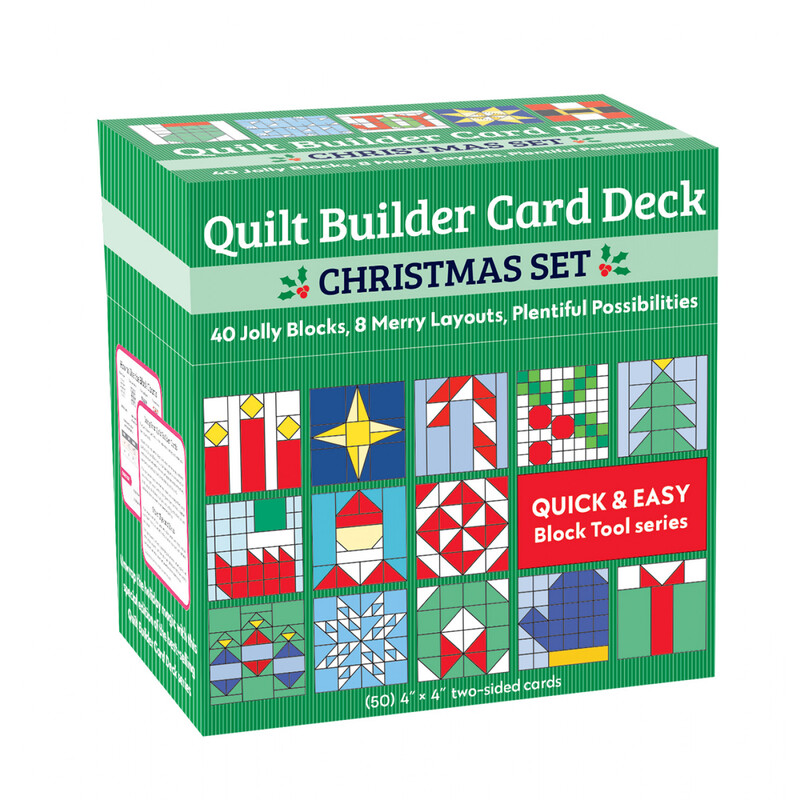 Digital mockup of the Quilt Builder Card Deck Christmas set box showing the front with possible combinations of quilting blocks.