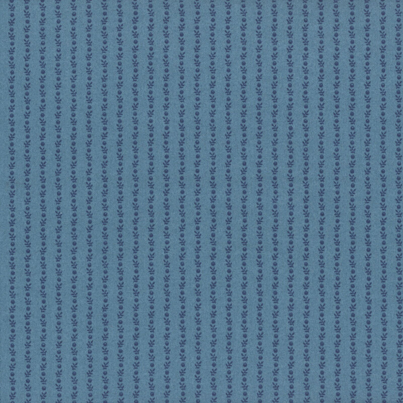 A repeating striped pattern of small sprigs and berries on a blue background.