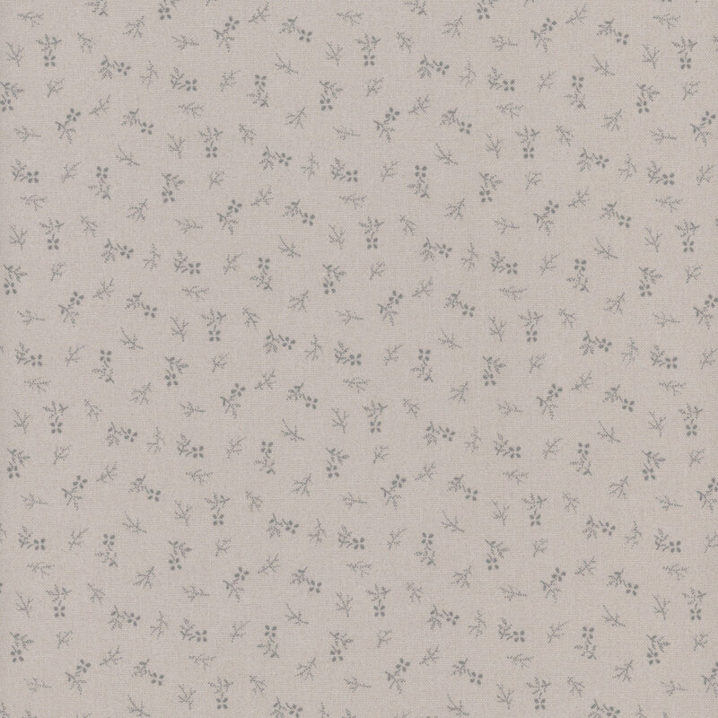 A pale gray fabric featuring small, delicate floral designs scattered throughout.