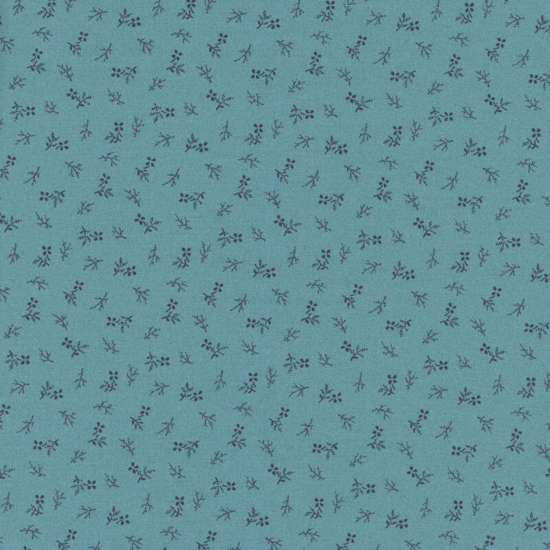 A repeating pattern of small dark floral designs on a ocean blue background.