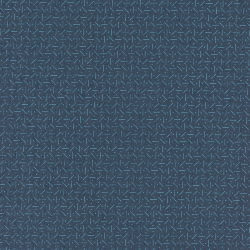 A dark blue patterned background featuring a repeating design of small, light blue lines and dots arranged in an abstract layout.