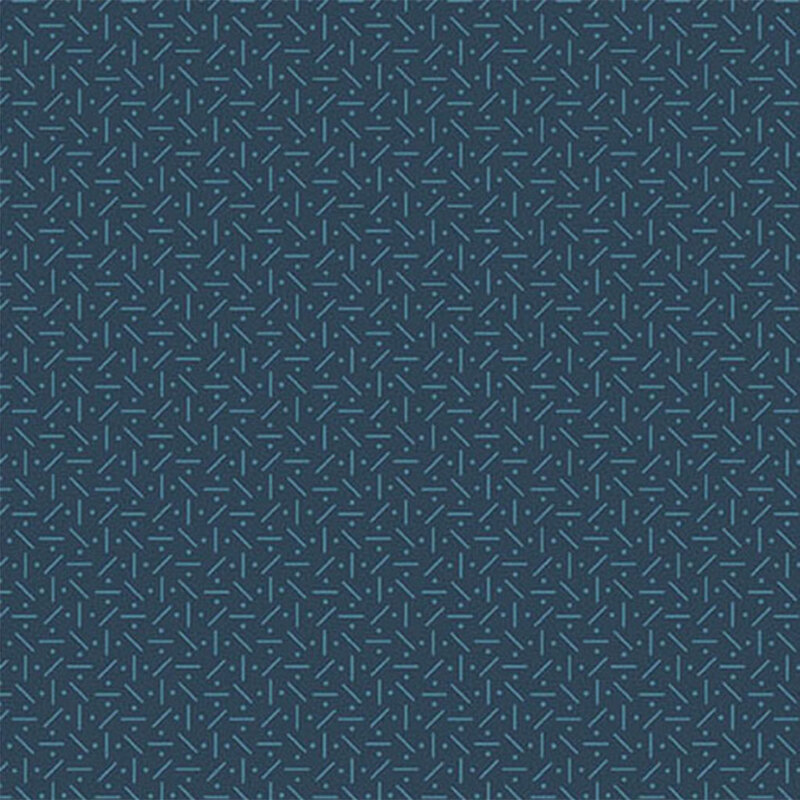 A dark blue patterned background featuring a repeating design of small, light blue lines and dots arranged in an abstract layout.