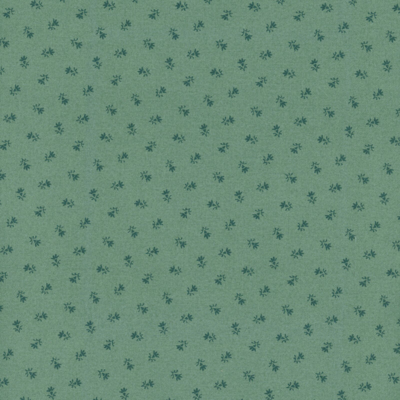 A repeated pattern of small tonal flowers on a teal green background.