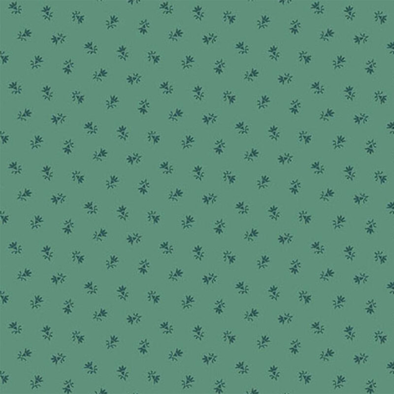 A repeated pattern of small tonal flowers on a teal green background.