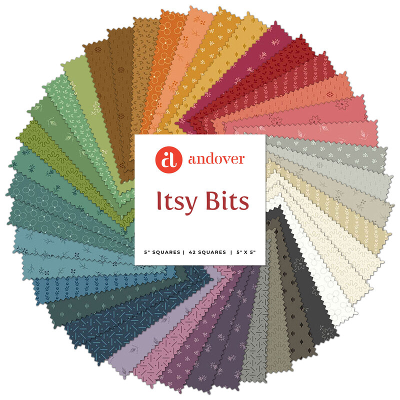 A circular arrangement of 42 fabric squares in various colors and patterns, with a central label that reads Andover Itsy Bits.