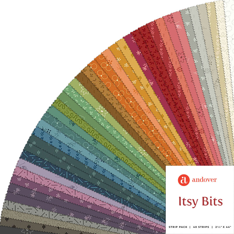 A fanned-out collage of 42 calico fabrics in 2.5-inch strips