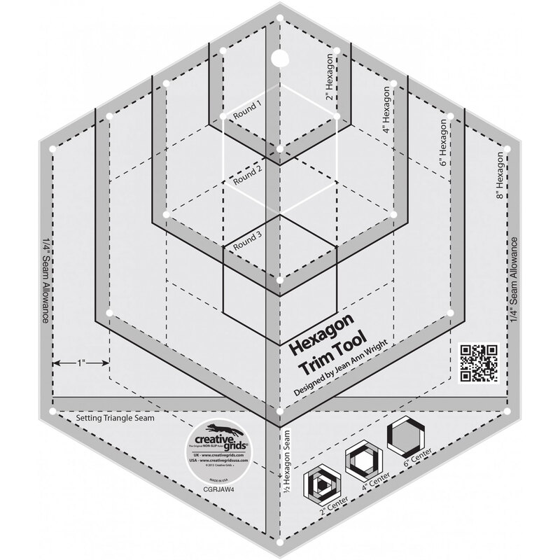 Hexagon trim tool template with guidelines for cutting and a QR code for instructions.