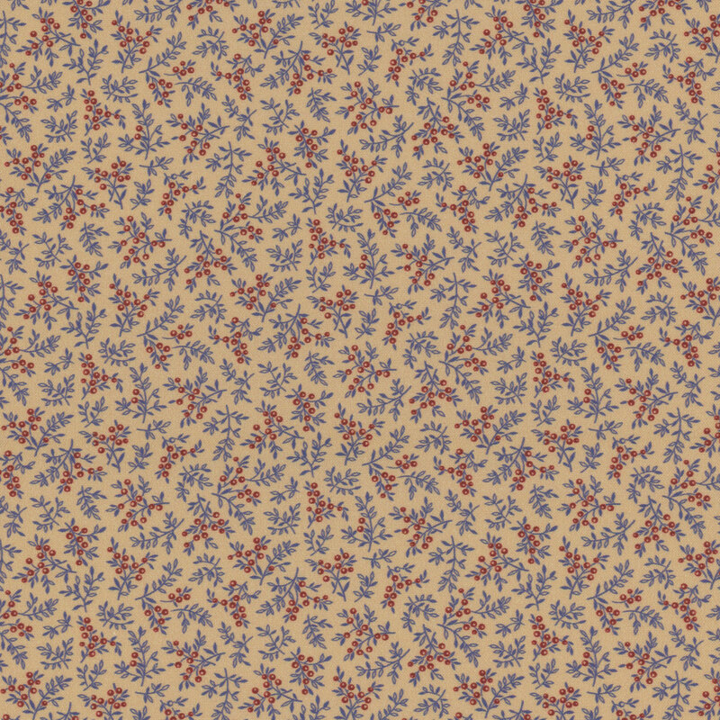 Floral pattern with small red and blue flowers on a light beige background.