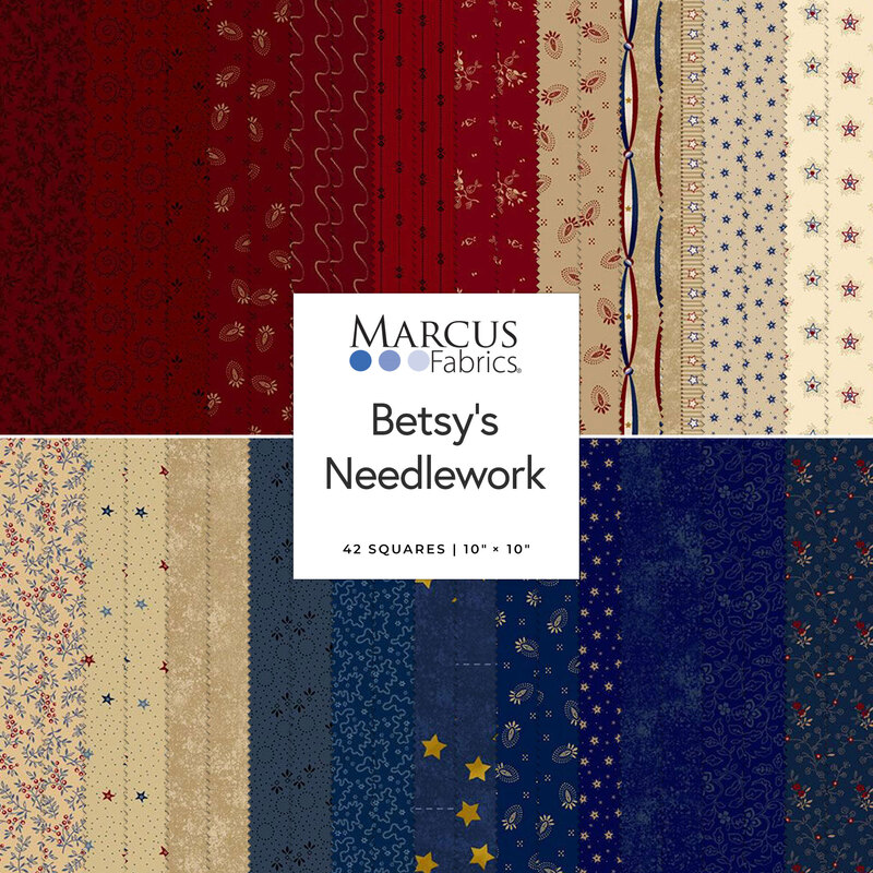 Collage of red, cream and blue fabrics in the Betsy's Needlework collection