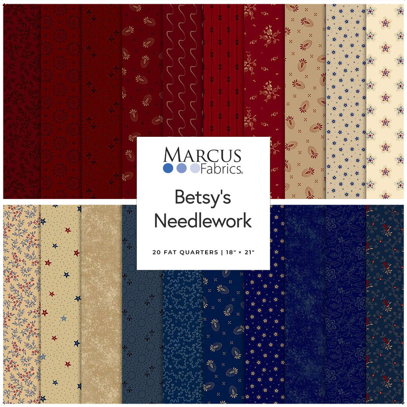 Collage of red, cream and blue fabrics in the Betsy's Needlework collection