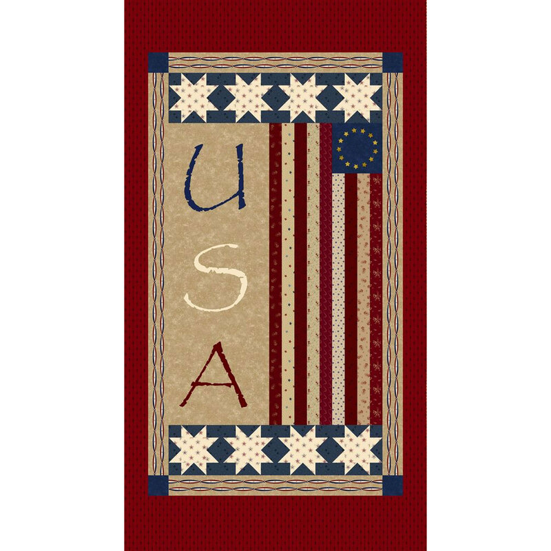 Panel fabric featuring a stylized American flag, stars, and the letters USA