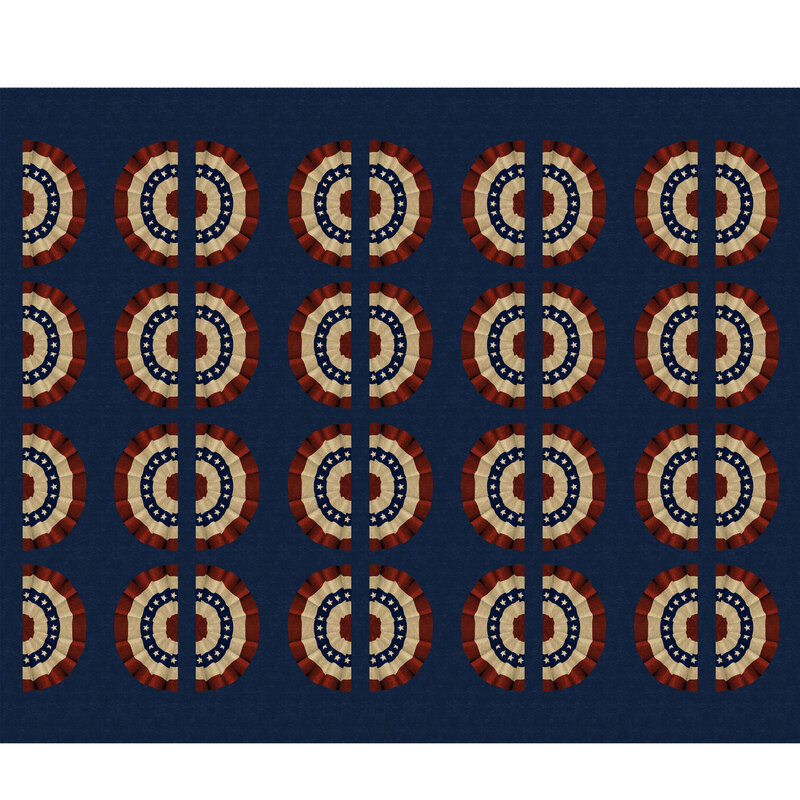 A patterned design featuring patriotic buntings in red, cream, and navy against a dark background.