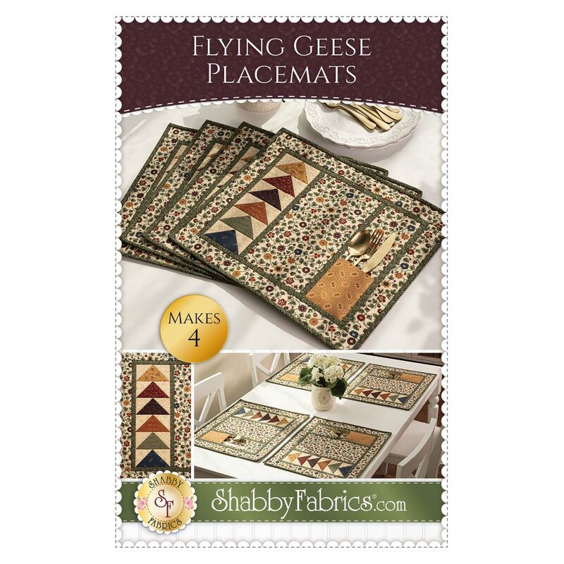 The front of the Flying Geese Placemats pattern showing the placemats fanned out on a table, set out in front of each chair at a dining table, and a closeup on the flying geese on the left side of the placemat.