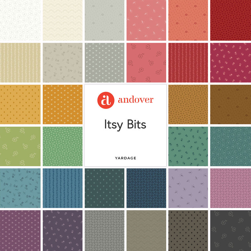 A grid of 36 small fabric patterns in various colors and designs, including polka dots, stripes, and floral motifs. The center features an oval label reading Itsy Bits in red text on a scalloped gray background.