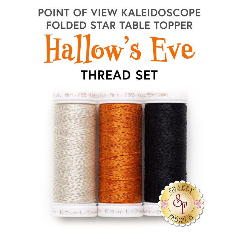 Thread set for Hallow's Eve table topper featuring white, orange, and black spools on a white background.