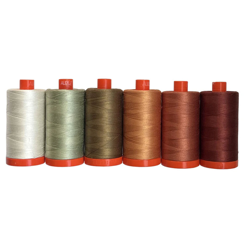 Six threads in white, sage, brown, orange, red, and burgundy, included in the Hello Autumn thread set, isolated on a white background.