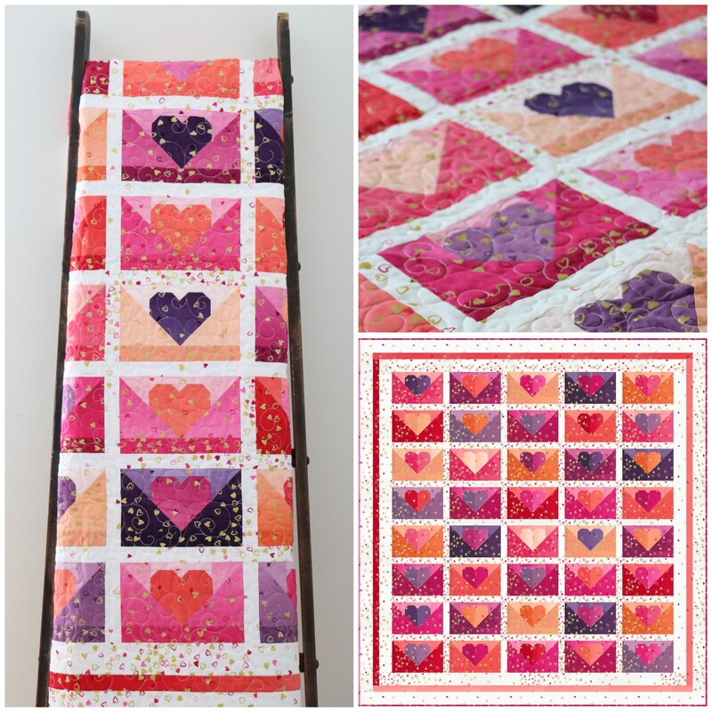 A stylized collage of the Love Letters quilt, showing the full quilt, a close up on the patchwork, and a stylized shot of the quilt folded and draped on a dark quilting ladder.