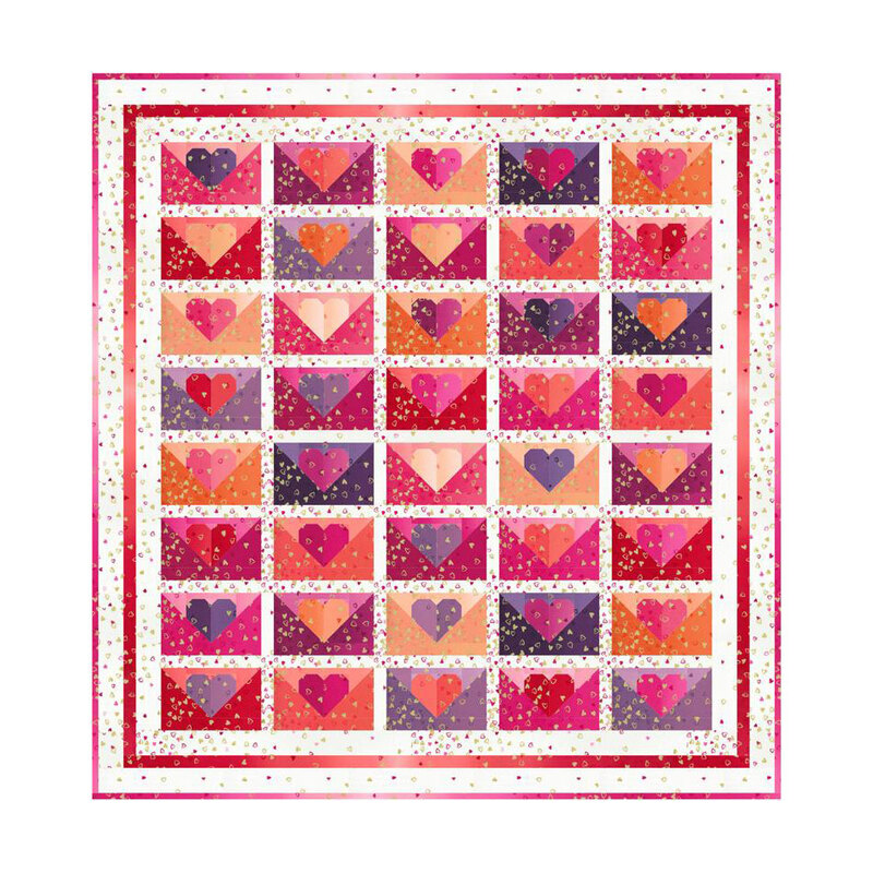 A digital mockup of the completed quilt, rows of love letters in bright ombre Valentine's day colors.