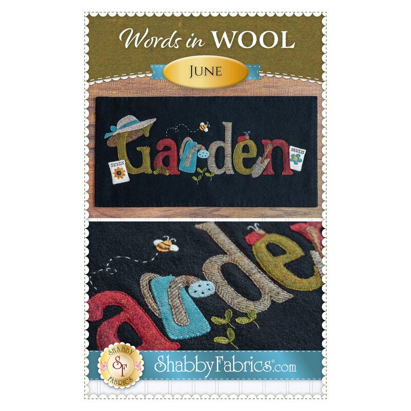 Image of a wool embroidery kit titled Words in Wool: June, featuring colorful letters spelling “Garden” with decorative elements like flowers and insects.