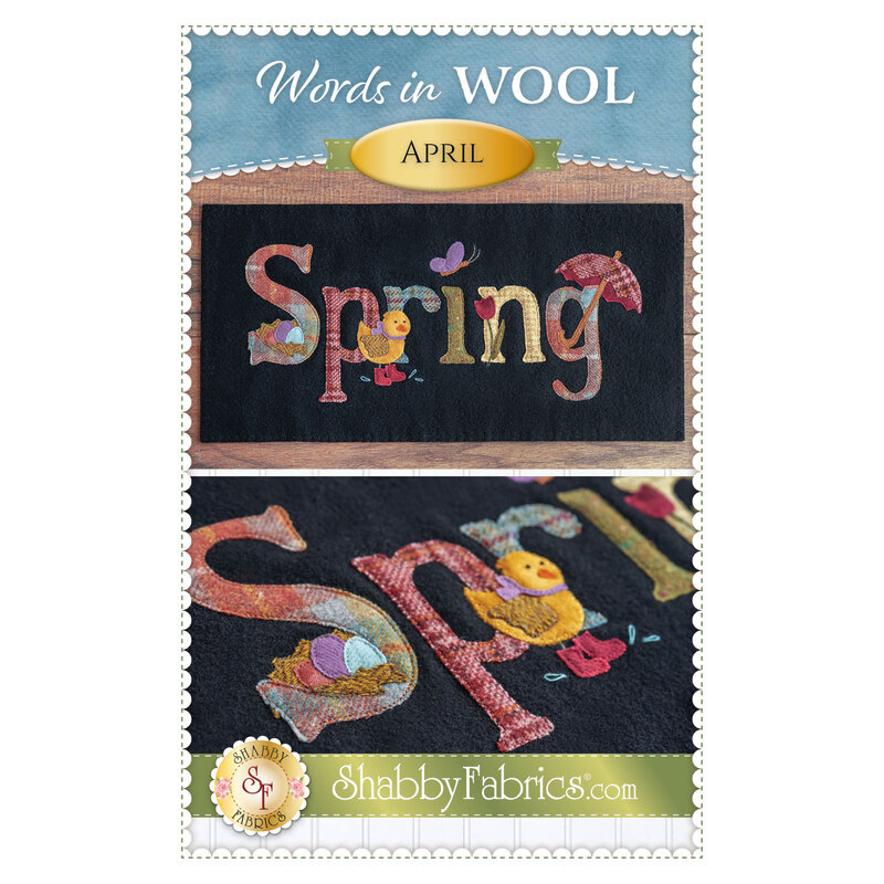 The front of the Shabby Fabrics pattern for Words in Wool April showing a black wool mat with the words Spring