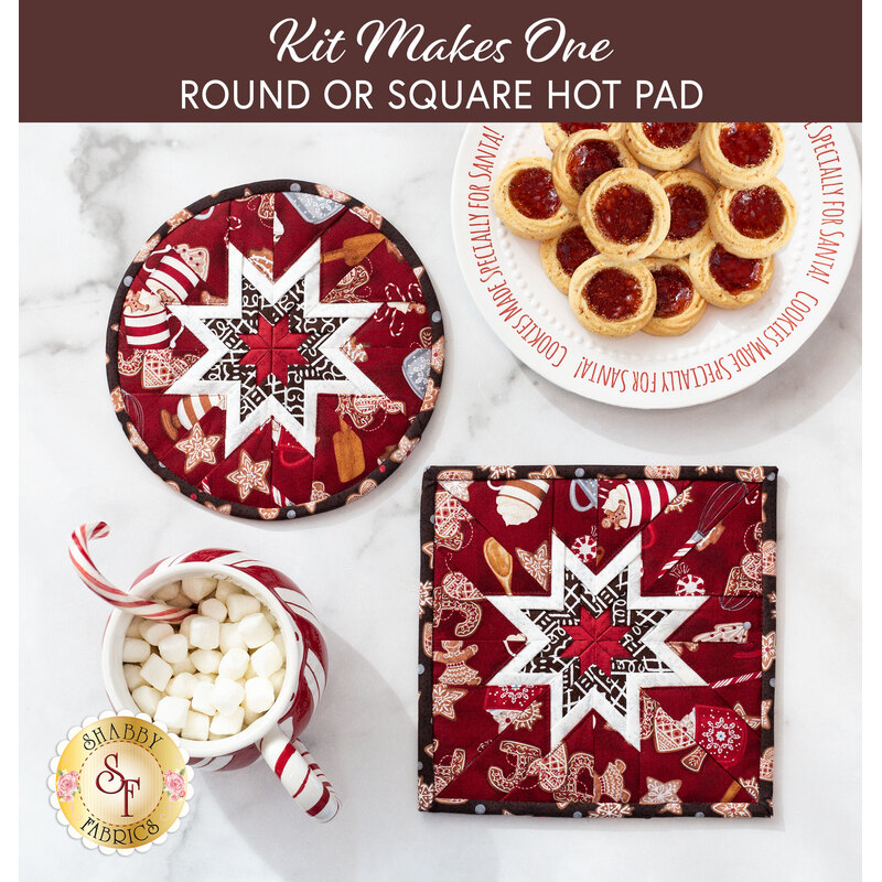 A top down shot of the completed round and square hot pads in red, staged on a marble counter with coordinating decor like cookies for Santa and a mug of hot cocoa.