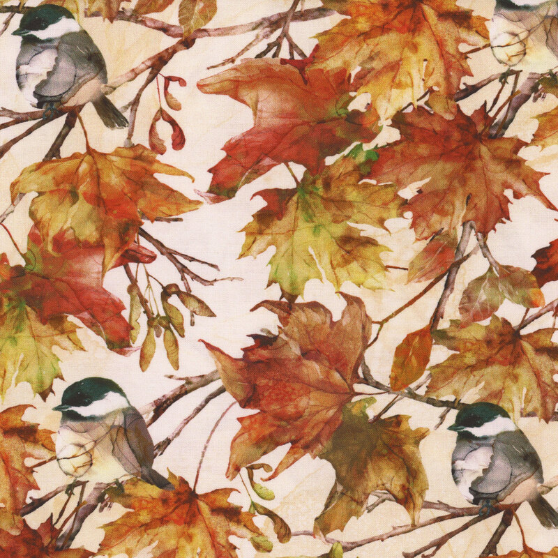 Pattern of autumn leaves and small birds on branches, featuring warm autumn colors and textured details.