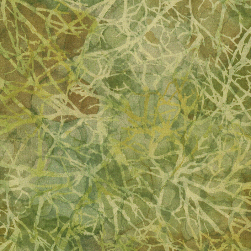 Textured pattern resembling crossing branches and leaves in green organic appearance. 