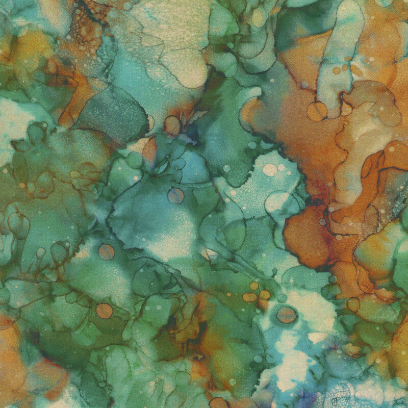 Colorful watercolor pattern featuring shades of green, blue, and earthy tones.