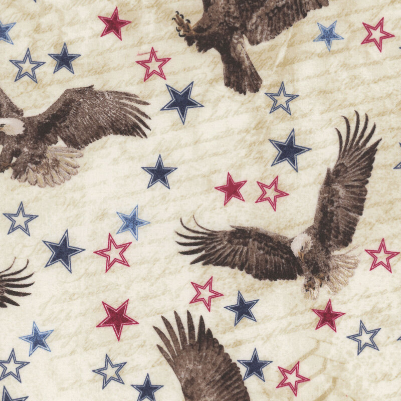 Pattern of flying eagles surrounded by red and blue stars on a beige background.