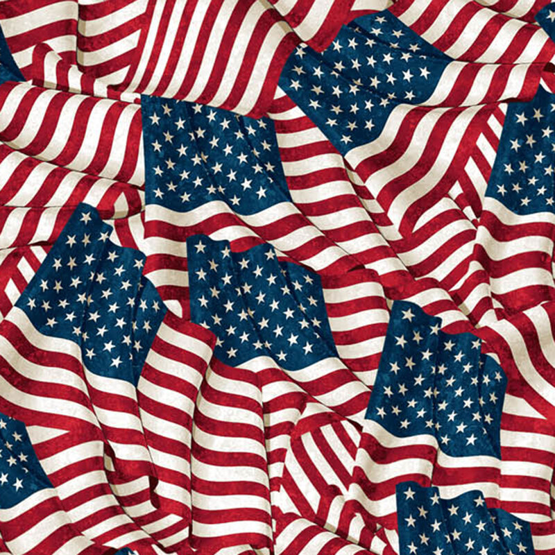 Pattern of American flags wrinkled and overlapping, featuring red and white stripes with blue field of stars.