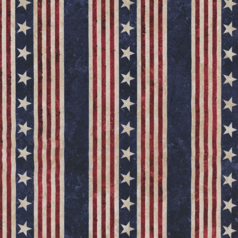 Pattern design featuring alternating red and white stripes with blue star accents on a textured background.