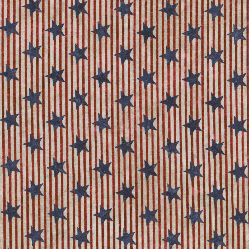 Pattern of vertical red and white stripes with navy blue stars on a cream background.