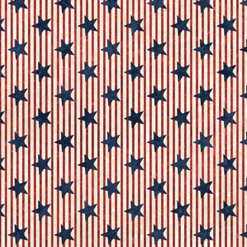 Pattern of vertical red and white stripes with navy blue stars on a cream background.