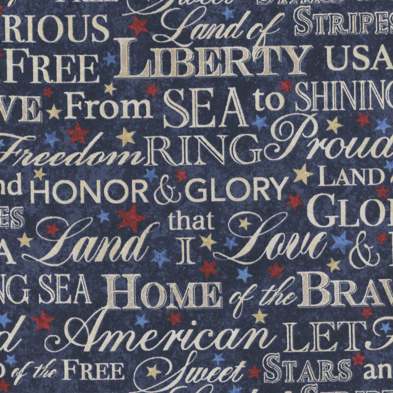 Text art featuring patriotic words and phrases on a dark blue background, including Liberty, Land of the Free, and stars.