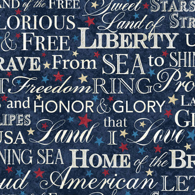 Text art featuring patriotic words and phrases on a dark blue background, including Liberty, Land of the Free, and stars.