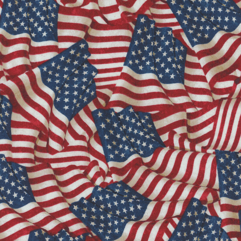 Pattern of American flags wrinkled and overlapping, featuring red and white stripes with blue field of stars.