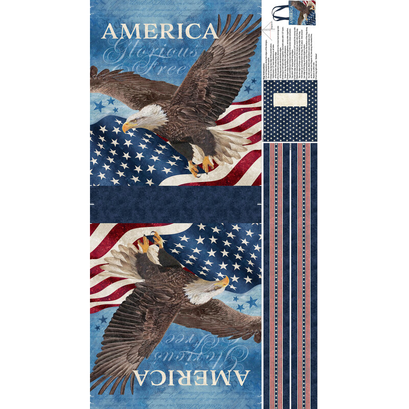 Design featuring an eagle soaring over American flags with the words America Free prominently displayed.