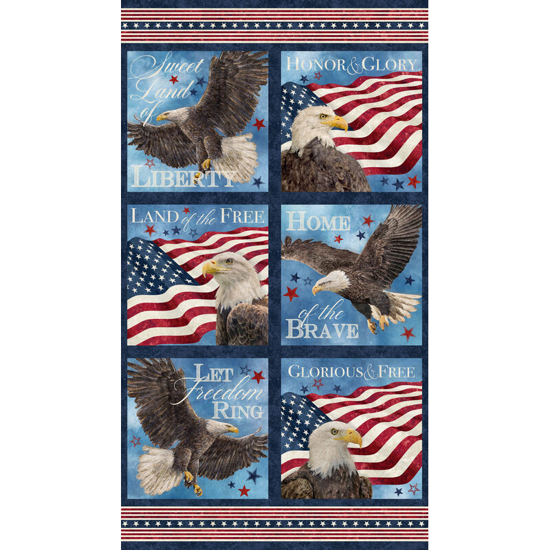 Collage of patriotic images featuring eagles and American flags, with phrases celebrating freedom.