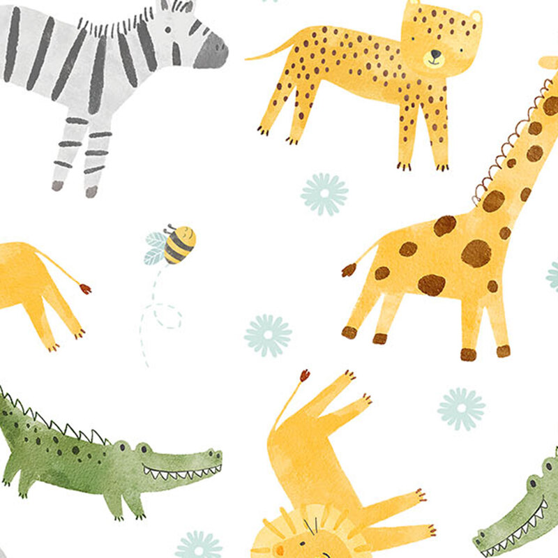 Colorful cartoon animals including a zebra, leopard, giraffe, lion, and crocodile on a white background.