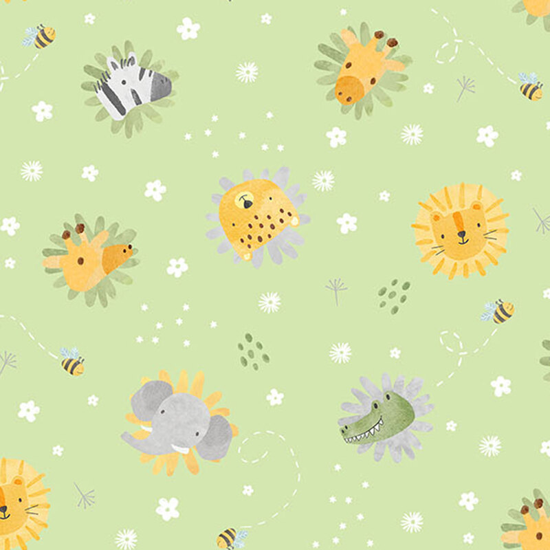 Illustration of a playful pattern featuring cartoon animals on a light green background, including lions, zebras, an elephant, and a crocodile, with flowers and bees.