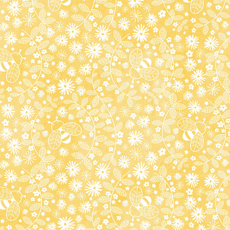 A seamless pattern featuring white flowers, leaves, and bees on a soft yellow background.