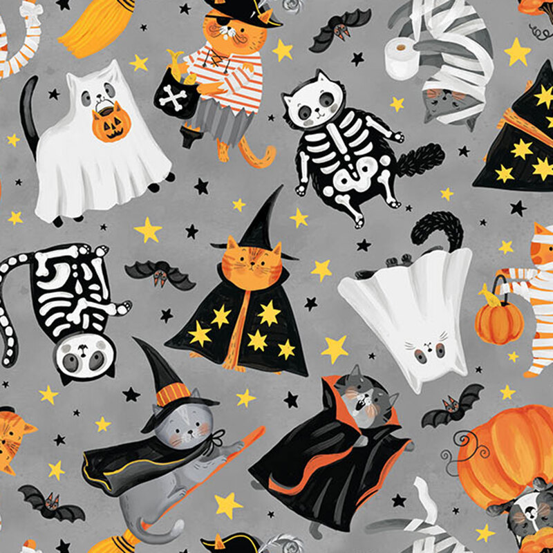 Halloween-themed pattern featuring cats dressed in halloween costumes on a gray background.