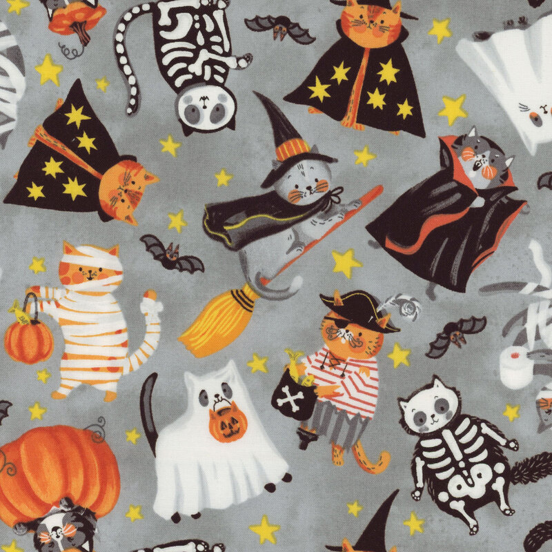 Halloween-themed pattern featuring cats dressed in halloween costumes on a gray background.