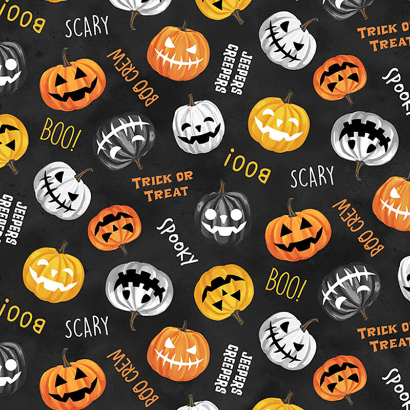 Colorful Halloween-themed pattern featuring pumpkins, ghosts, and festive text on a black background.