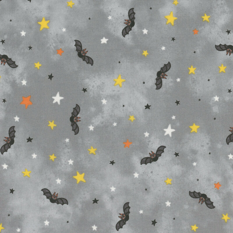 Pattern of bats and stars in black, yellow, and white on a gray mottled background.