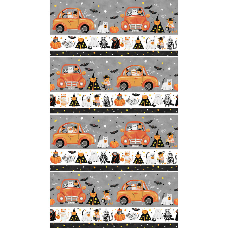 Border stripe fabric featuring Halloween themed designs such as witches, cats, pumpkins, ghosts, and skeletons