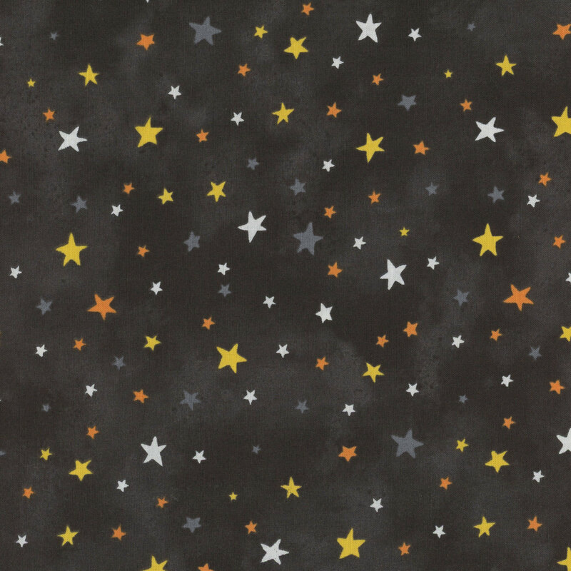 Black mottled fabric scattered with small, colorful stars in yellow, orange, and white.