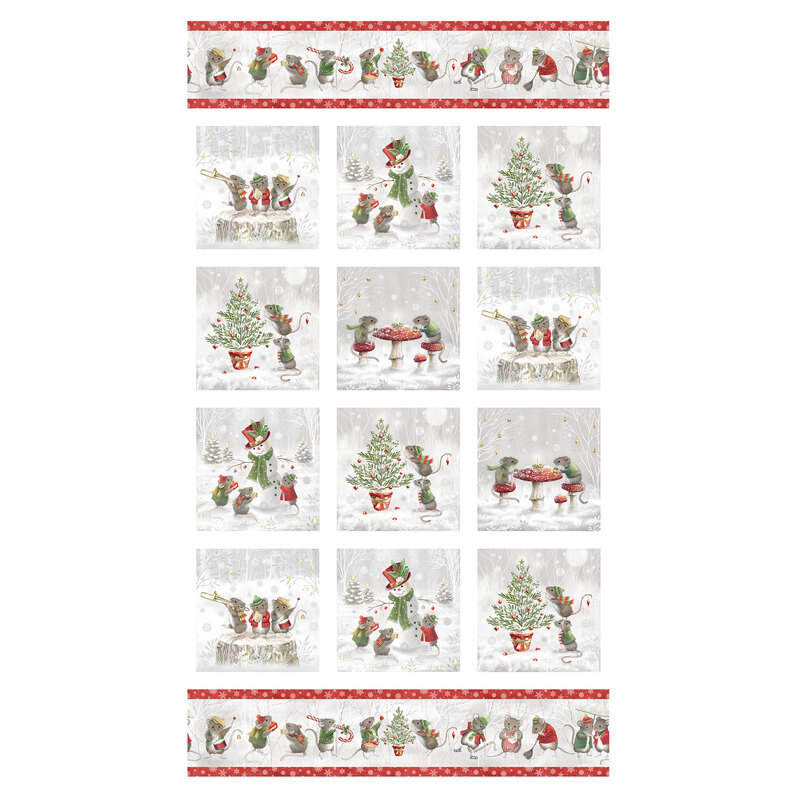 Panel fabric design featuring whimsical winter scenes with mice, snowmen, trees, and holiday décor.