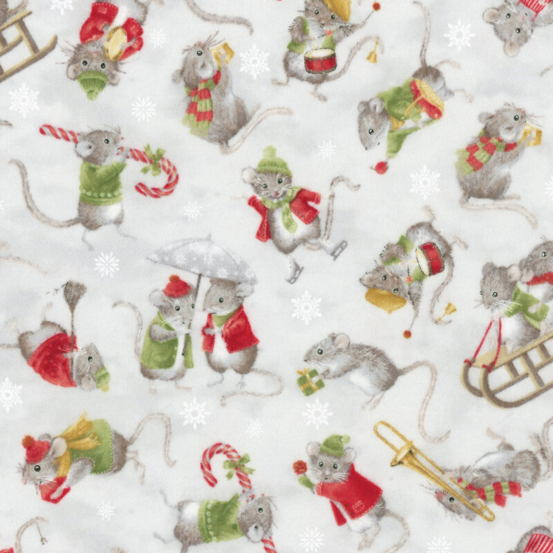A whimsical, festive pattern featuring mice in Christmas attire, sledding and playing in the snow on a light gray background.